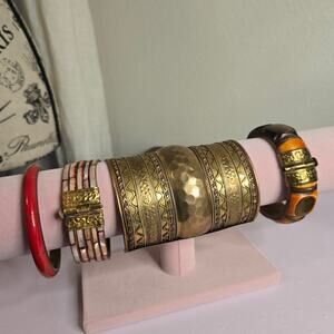 Vintage Boho Jewelry Lot Mixed Metals Mother of Pearl Inlay Bangles Cuff Set